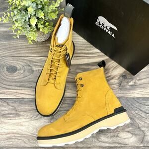 NIB Sorel Hi Line Lace 9.5 Waterproof Leather Lug Sole Combat Boots Geo Yellow